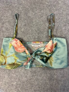 Charlie Holiday Floral Tie-Front Crop Top in Aqua with Pink Roses